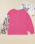 Plus Size Leopard Corded Knit Patchwork Long Sleeve Top