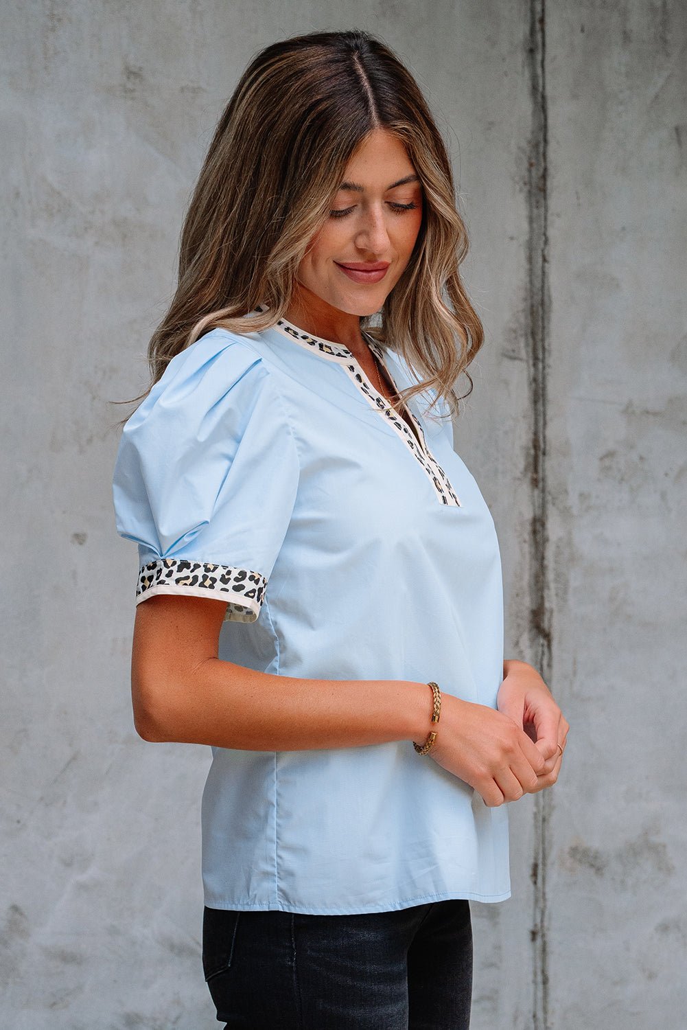 Mila Contrast Leopard Trim Split Neck Puff Sleeve Blouse
