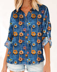 Floral Patchwork Long Sleeve Collared V-Neck Blouse