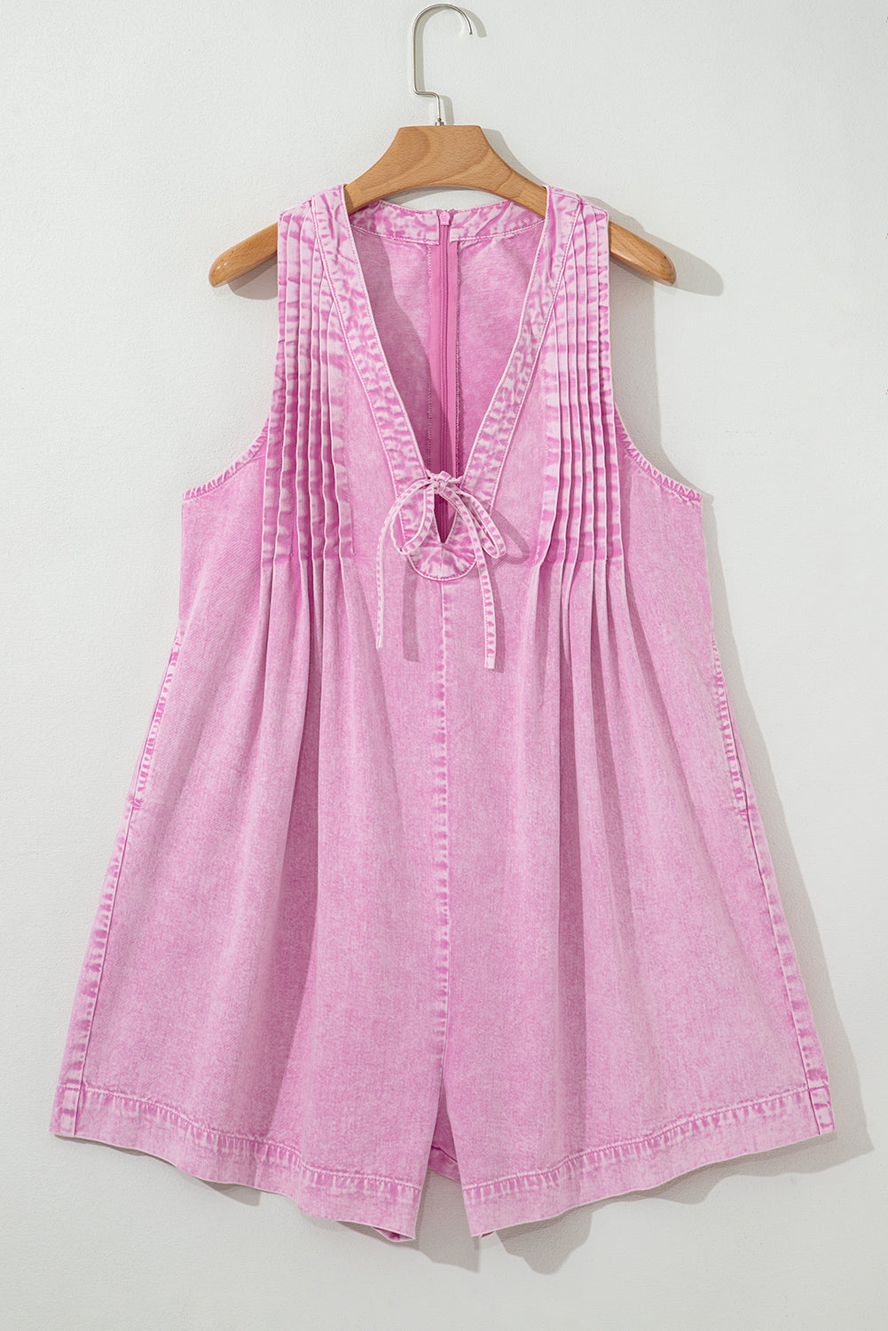 Denim Mineral Wash Pleated V-Neck Romper