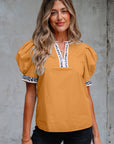 Leopard Contrast Trim Split Neck Puff Sleeve Blouse