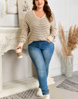 Plus Size Stripe V-Neck Drop Shoulder Sweater