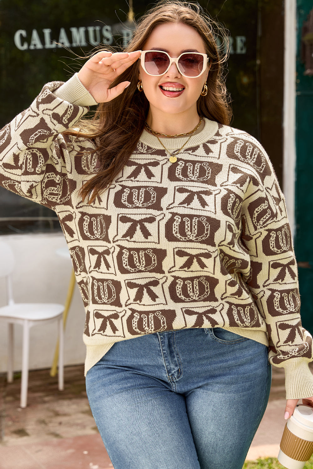 Plus Size Western Bows &amp; Horseshoes Long Sleeve Sweater