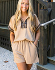 Leopard Trim Half-Zip Top and Shorts Set