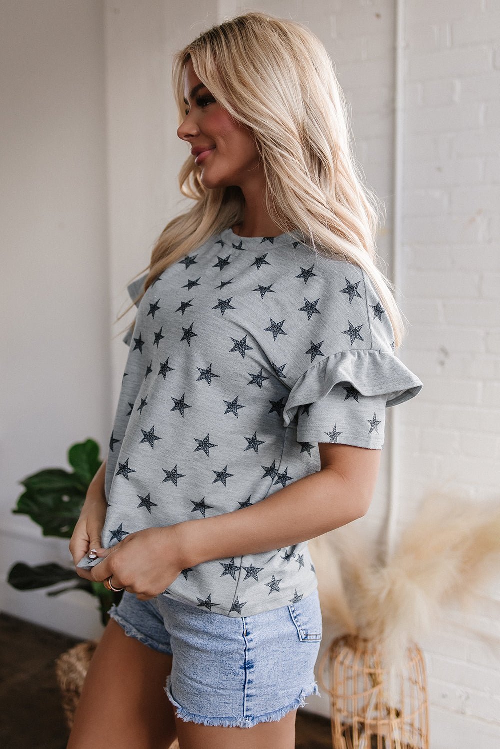 Joelle Star Ruffled Sleeve Crew Neck Top