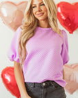 Solid Textured Round Neck Puff Sleeve Blouse