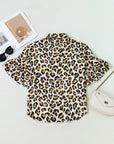 Leopard Ruffle Trim 3/4 Sleeve Buttoned Shirt