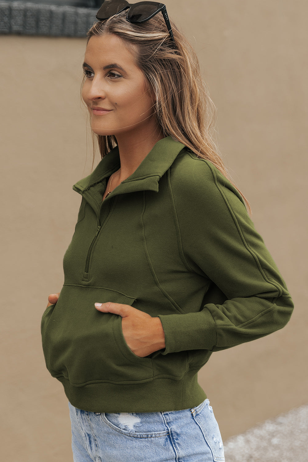 Solid Fleece-Lined Half-Zip Up Collar Sweatshirt