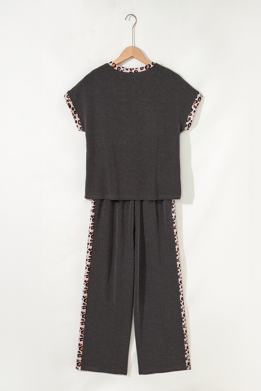 Leopard Patchwork Corded Knit Top &amp; Crop Pants Set