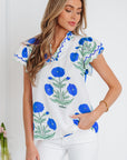 Flower Scallop Contrast Trim Short Sleeve Blouse
