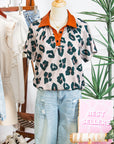 Leopard Buttoned Contrast Collar Short Sleeve Blouse