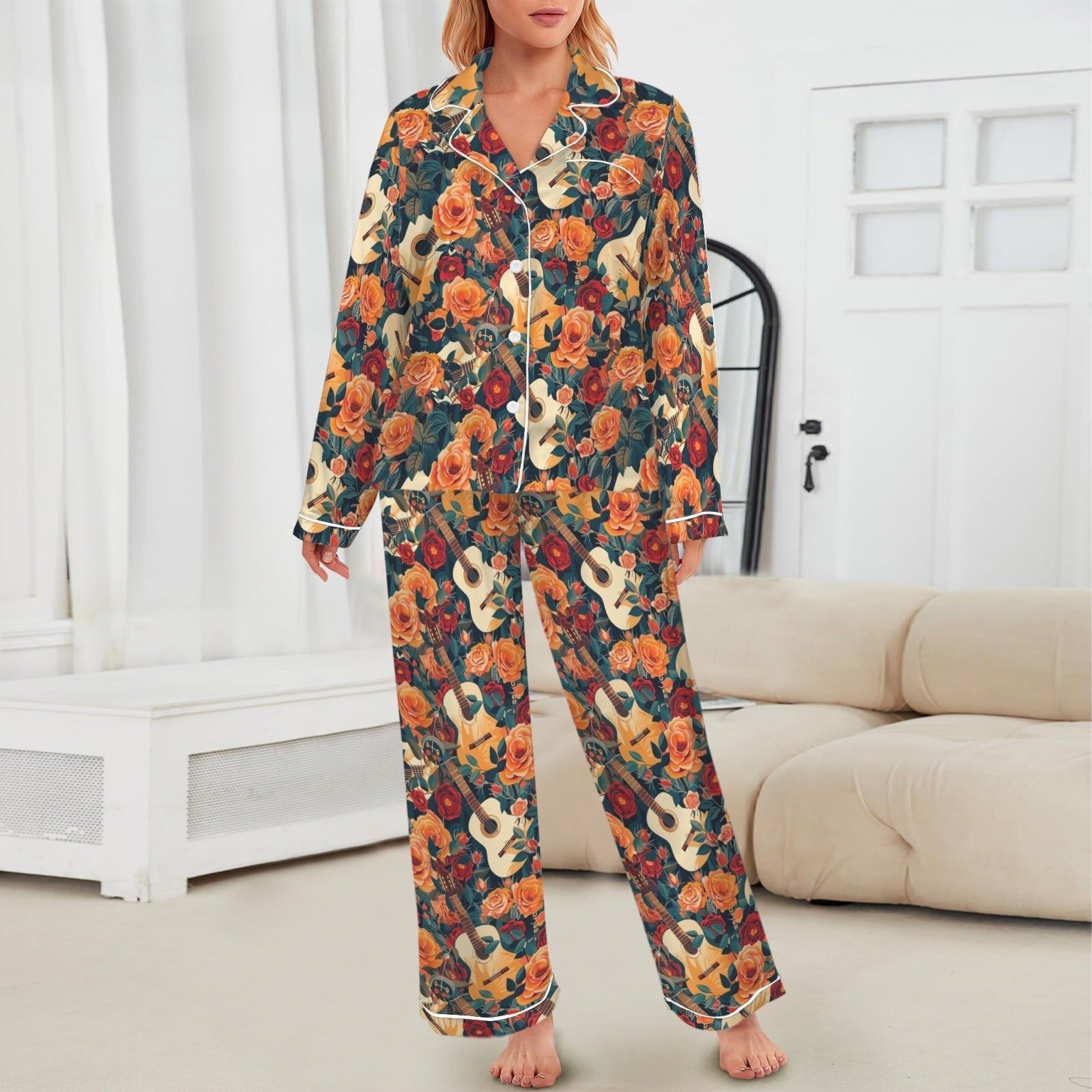 Baha Ranch Colores De Mexico Roses &amp; Guitars Satin Pajamas