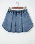 Denim Pearl Embellish Elastic Waist Mini Skort
