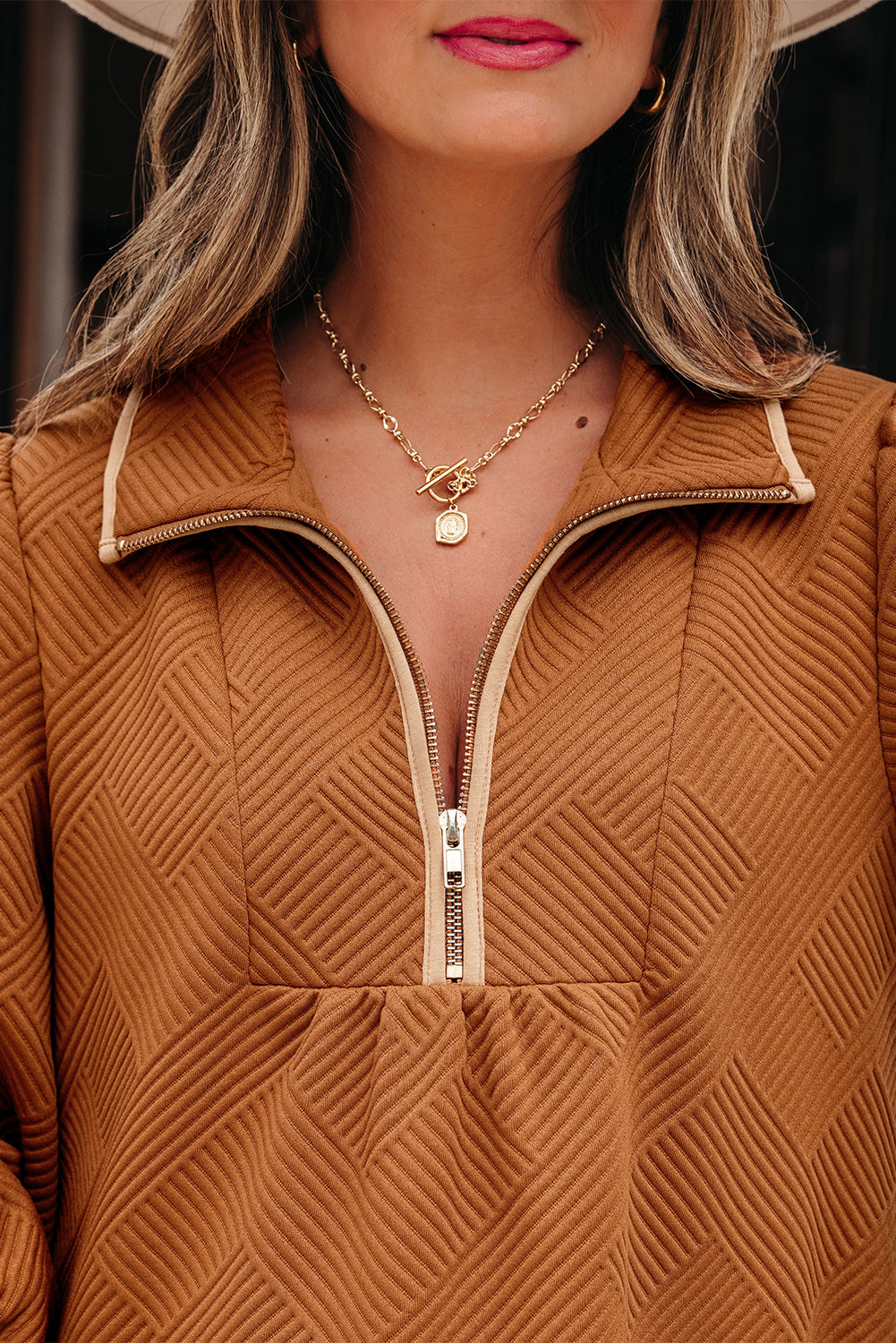 Textured Quarter Zip Collar 3/4 Sleeve Mini Dress