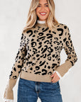Leopard Lace Ribbed Trim Buttoned Cuff Sweater