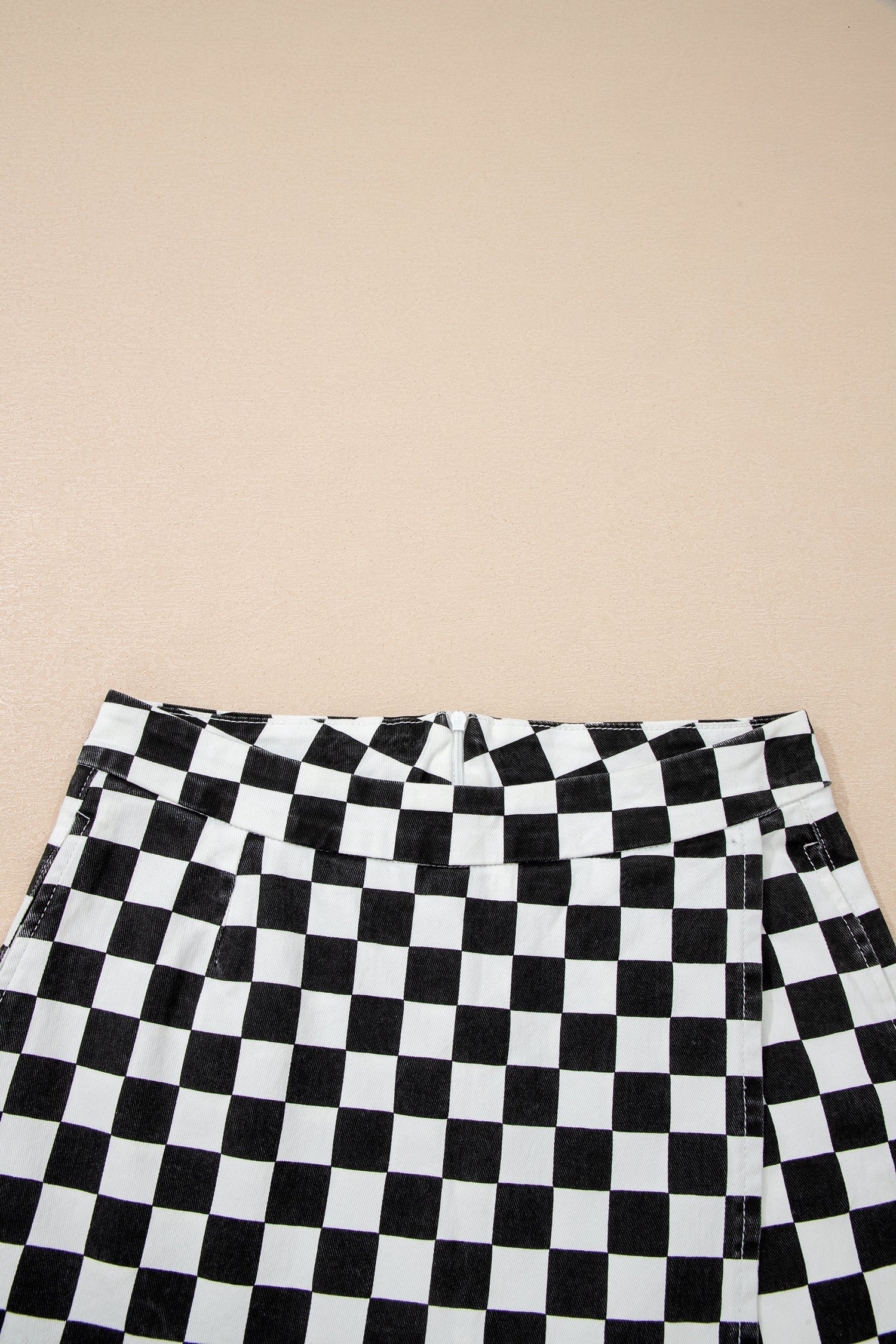 Checker Denim Pocketed Overlap Skort