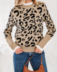 Leopard Lace Ribbed Trim Buttoned Cuff Sweater