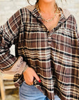 Plaid Quarter-Button Patchwork Long Sleeve Hooded Blouse