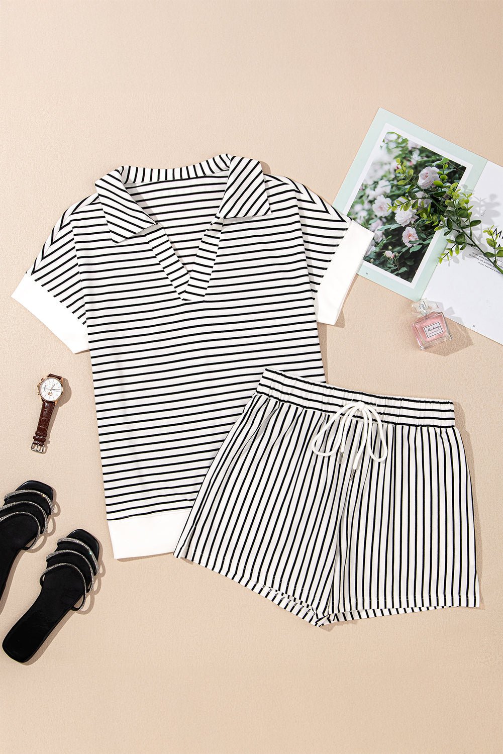 Stripe Collared V-Neck Tee &amp; Shorts Set
