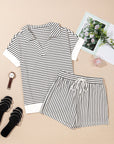 Stripe Collared V-Neck Tee & Shorts Set
