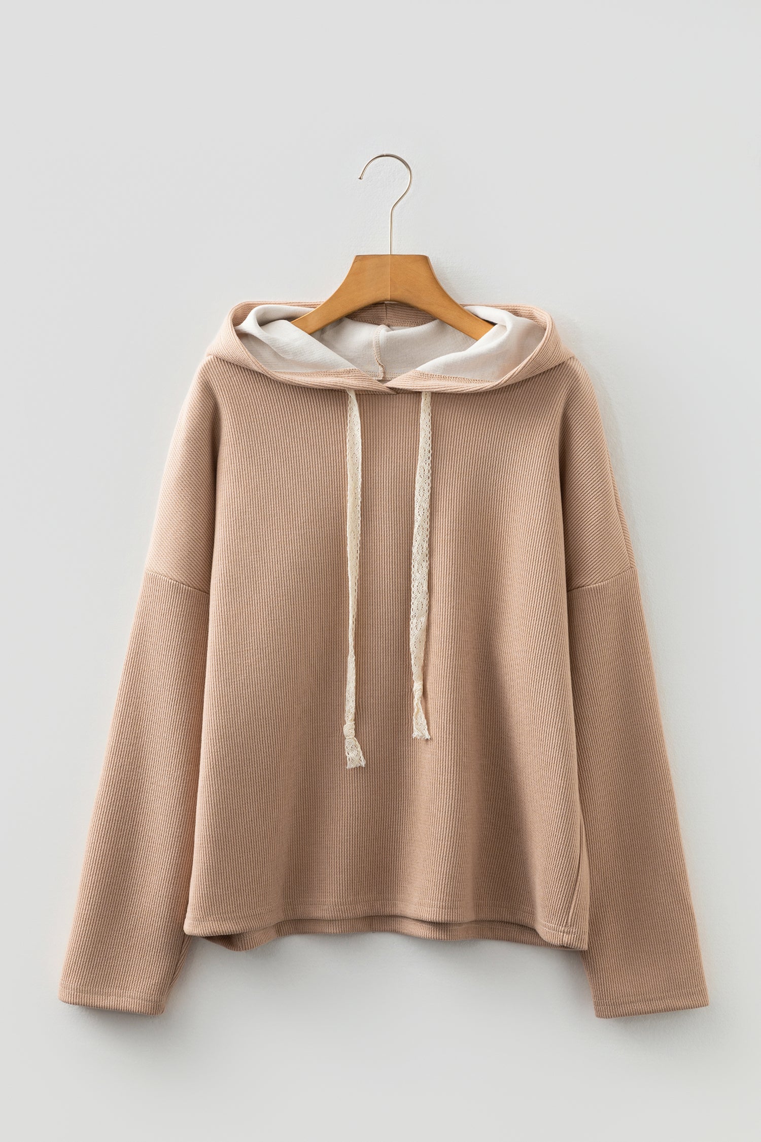 Ribbed Knit Leopard &amp; Lace Drawstring Hoodie