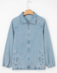 Denim Collared Zip-Up Elastic Edge Pocketed Jacket