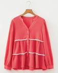 Ricrac Contrast Trim V-Neck Button Down Shirt