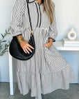 Stripe Scallop Trim Shirt Collar Maxi Dress