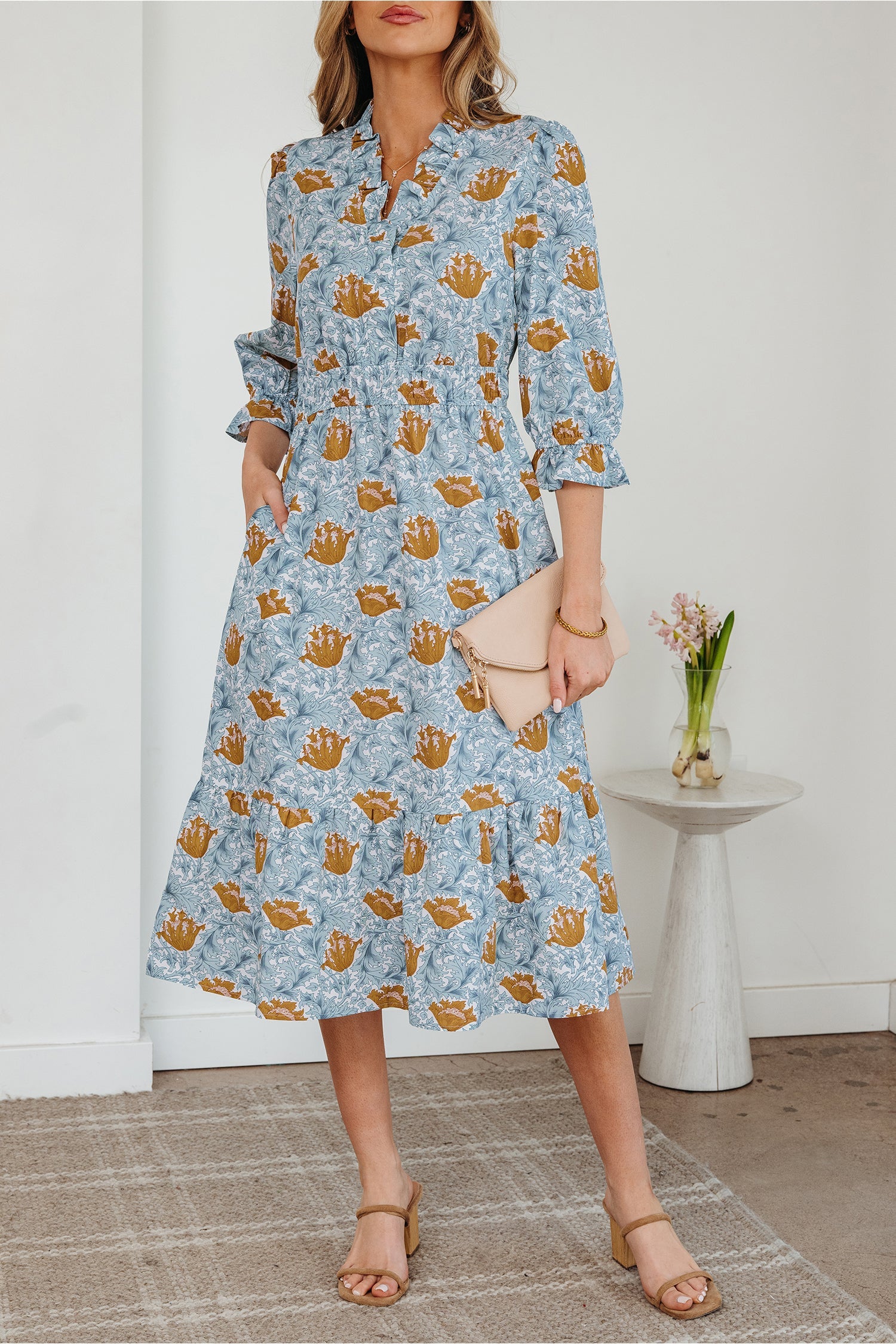 Floral Frilled V-Neck 3/4 Sleeve Midi Dress