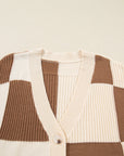 Plus Size Checker Ribbed Knit Buttoned V-Neck Cardigan