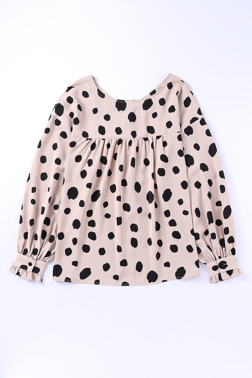 Dotted Buttoned V-Neck Frilled Puff Sleeve Blouse