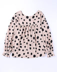 Dotted Buttoned V-Neck Frilled Puff Sleeve Blouse