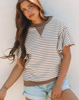 Stripe Contrast Detail Ruffle Short Sleeve Top