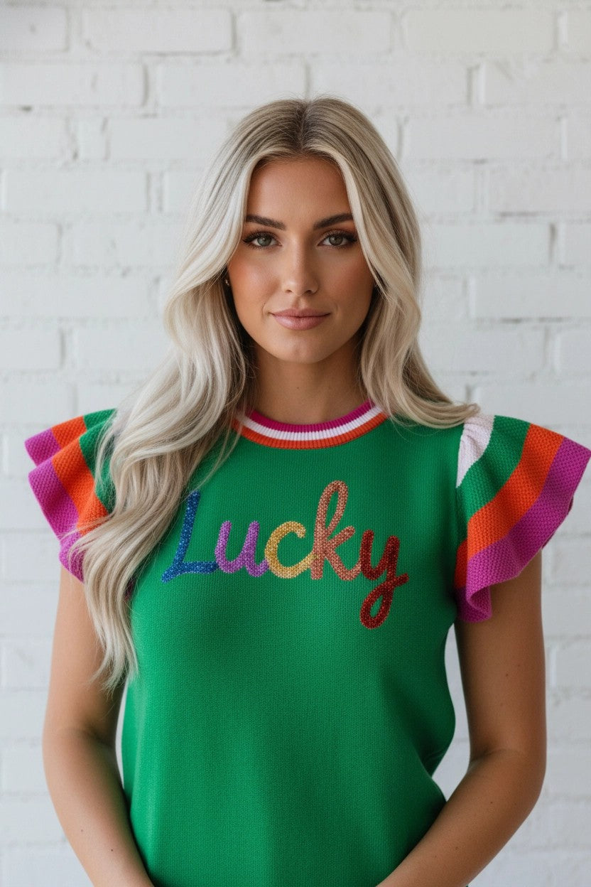 Lucky Stripe Flutter Sleeve Round Neck Sweater