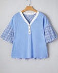 Colorblock Plaid Patchwork Bubble Sleeve Blouse
