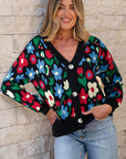 Floral Buttoned V-Neck Cardigan Sweater