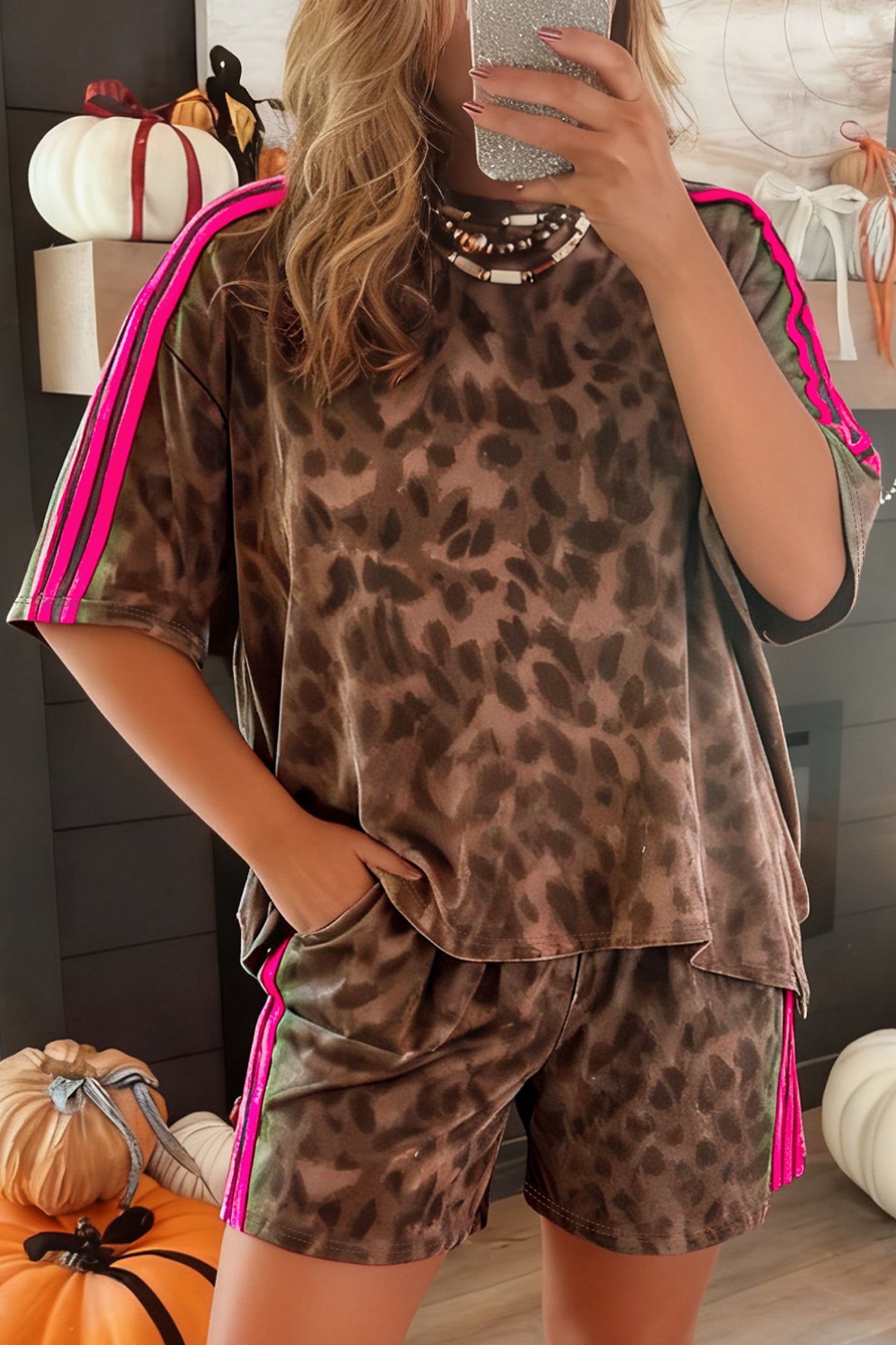 Leopard Contrast Stripe Tee &amp; Shorts Set