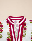 Floral Contrast Slit V-Neck Short Bubble Sleeve Blouse