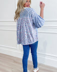 Colorblock Plaid Patchwork Bubble Sleeve Blouse