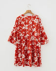 Boho Floral Lettuce Trim 3/4 Sleeve Mini Dress