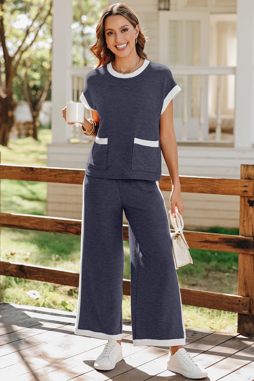 Colorblock Pocket Shirt &amp; Wide Leg Pants Set