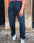 Denim Checker Side Panel Patchwork Drawstring Pants