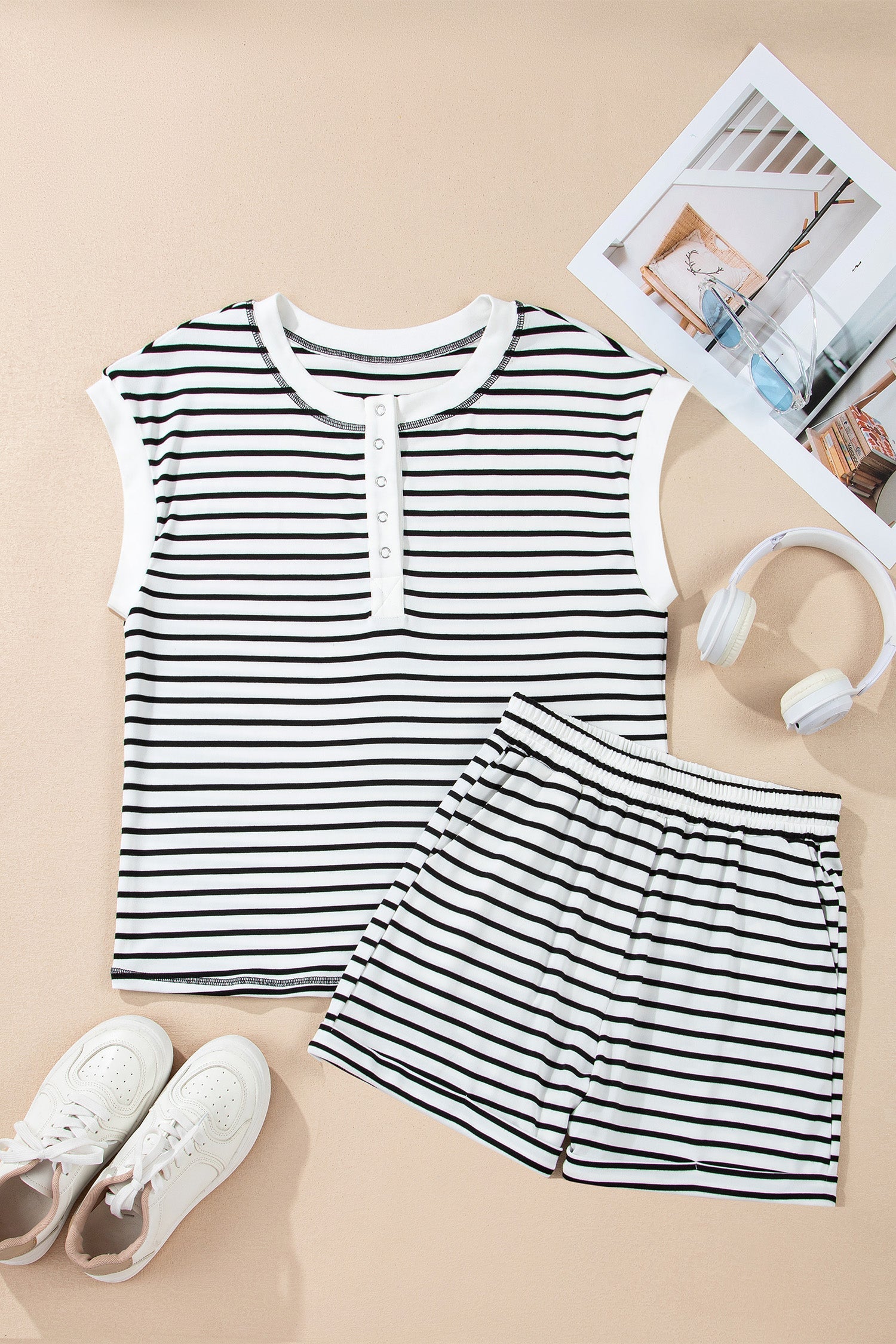 Stripe Cap Sleeve Henley Top &amp; Shorts Set