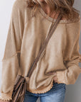 Solid Waffle Knit Patchwork Raglan Sleeve Sweatshirt