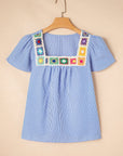Stripe Crochet Square Neck Textured Ruffle Sleeve Blouse