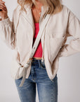 Solid Corduroy Zip-Up Pocketed Hooded Jacket