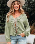 Solid Tie Front V-Neck Ruffle Trim Blouse