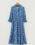 Floral Frilled V-Neck 3/4 Sleeve Midi Dress