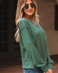 Solid Ribbed Raw Seam Patchwork Drop Shoulder Sweatshirt