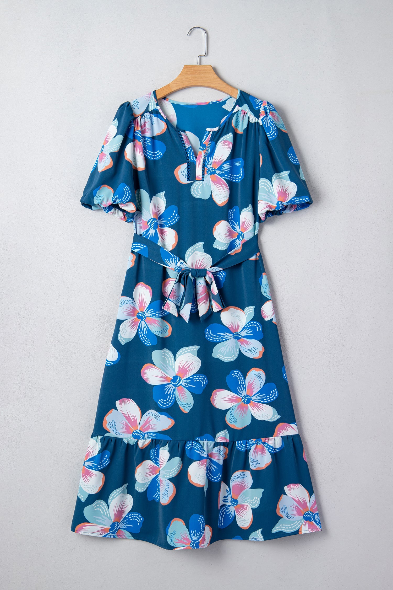 Floral Short Puff Sleeve Ruffle Belted Midi Dress